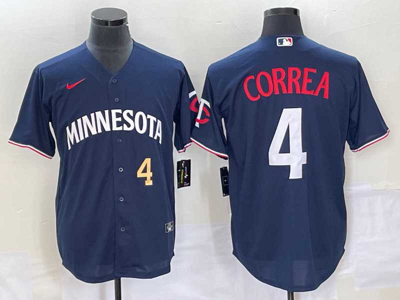 Men%27s Minnesota Twins #4 Carlos Correa Number 2023 Navy Blue Cool Base Stitched Jersey